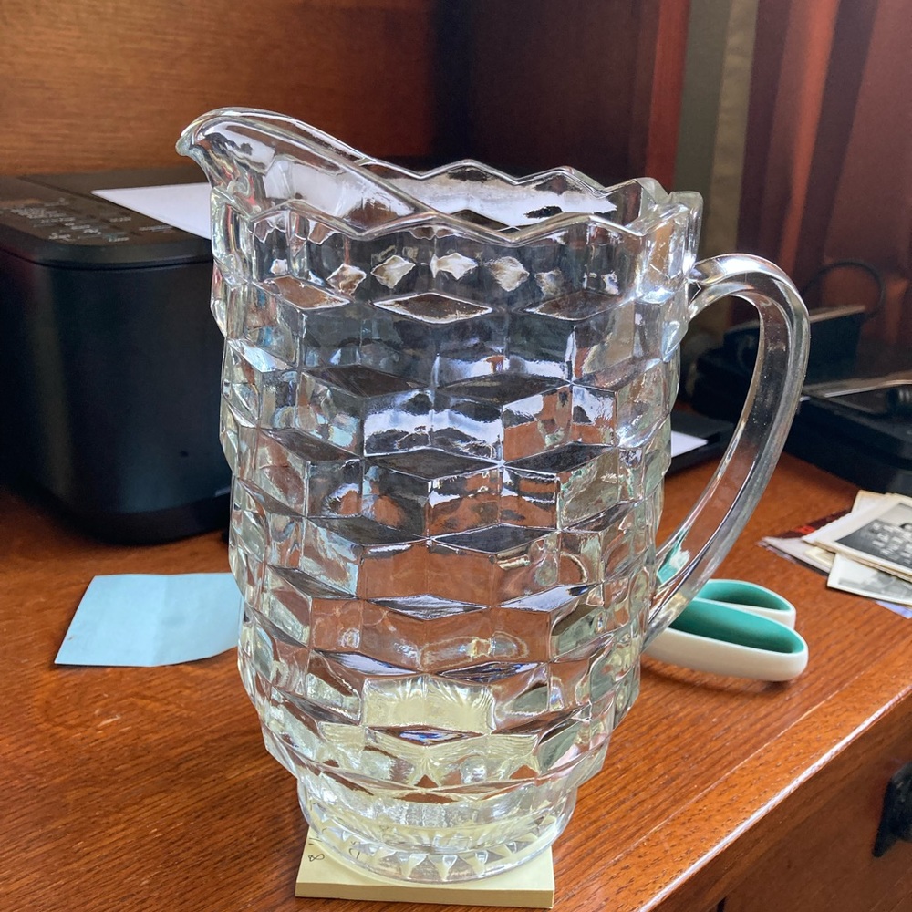 Fostroria Clear crystal glass. Cubist Water Pitcher or lemonade serving pitcher.